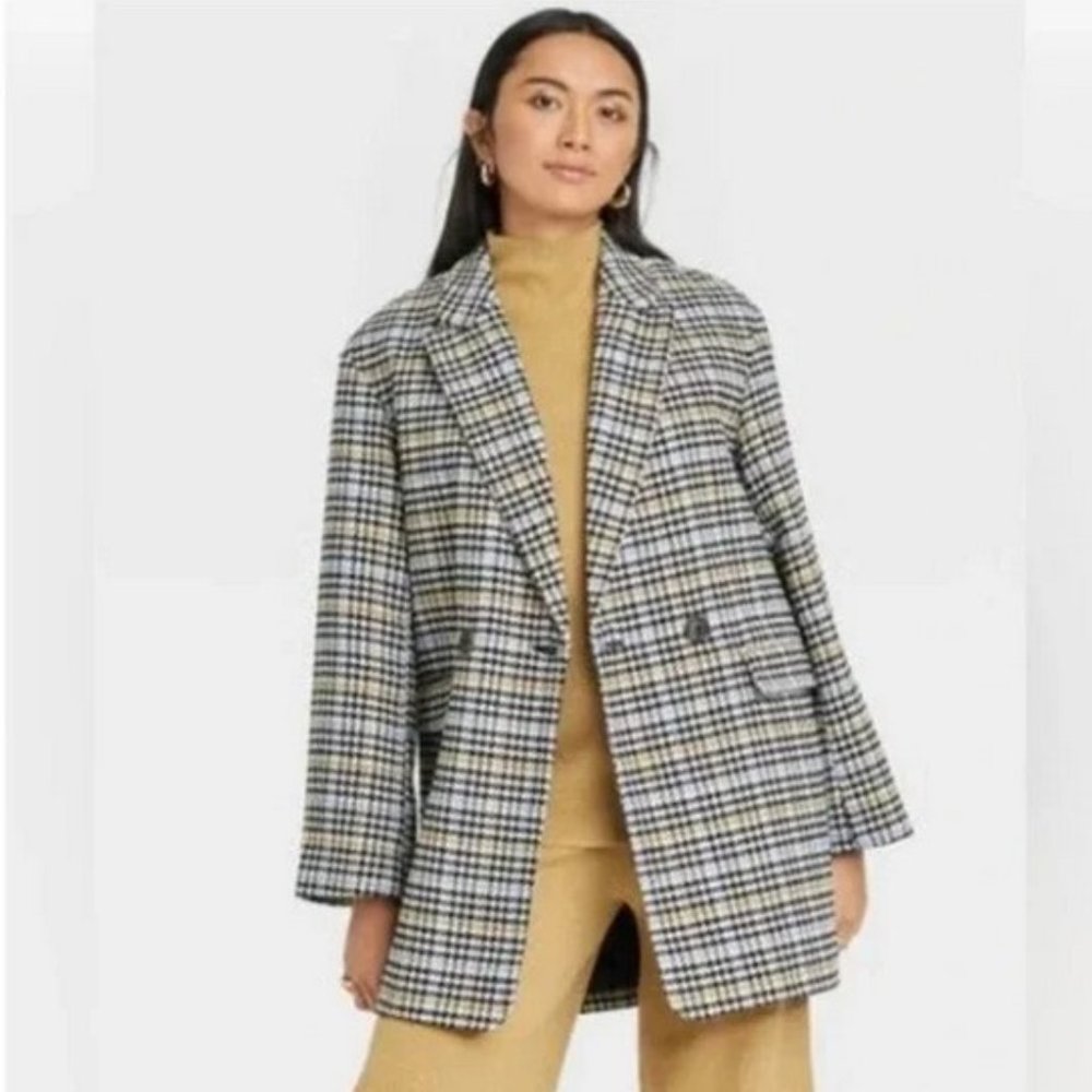 A New Day - Houndstooth Blue Plaid Trench Over Coat